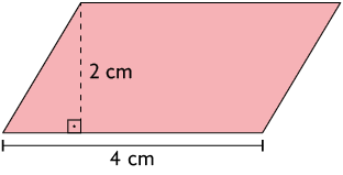 Ilustração de um paralelogramo com medida de comprimento da base: 4 centímetros e altura: 2 centímetros.