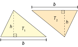 Ilustração de dois triângulos iguais com medida de comprimento da base b e altura h. Um triângulo, identificado como T1 está com a base para baixo e o outro, está invertido, ou de ponta cabeça em relação ao outro, ele é identificado por T2. Ambos têm a medida da altura destacada por uma linha pontilhada, formando um ângulo reto com a base do triângulo.