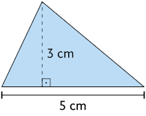 Ilustração de um triângulo com medida de comprimento da base: 5 centímetros e altura 3 centímetros. A medida da altura está destacada por uma linha pontilhada, formando um ângulo reto com a base do triângulo.