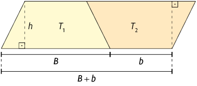 Ilustração idêntica a anterior, porém os trapézios estão encostados em um de seus lados, formando um paralelogramo. A base do paralelogramo é identificada por B maiúsculo mais b minúsculo.