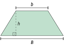 Ilustração de um trapézio com as medidas: base menor, b minúsculo; base maior, B maiúsculo; altura, h. A medida da altura está destacada por uma linha pontilhada, formando um ângulo reto com a base maior do trapézio.