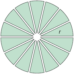 Ilustração de um círculo formado por 14 partes, ou, setores circulares, todos com o mesmo centro. A parte que vai do centro até a circunferência, está indicada por r.