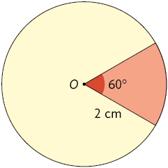 Ilustração de um círculo de centro O, com raio medindo 2 centímetros. Há um setor circular destacado, indicando 60 graus.