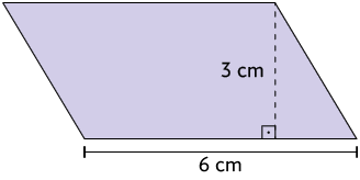 Ilustração de um paralelogramo com medida de comprimento da base: 6 centímetros e altura: 3 centímetros. 