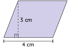 Ilustração de um paralelogramo com medida de comprimento da base: 4 centímetros e altura: 3 centímetros. 