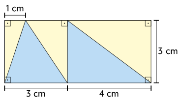 Ilustração de um retângulo maior pintado de amarelo formado por um quadrado com medida do lado igual a 3 centímetros e um retângulo menor com medidas de comprimento: 4 centímetros de base e 3 centímetros de altura. Dentro do quadrado, há um triângulo azul em que o lado coincide com o lado do quadrado e sua altura encosta o outro lado do quadrado há 1 centímetro do vértice. Dentro do retângulo menor, há um triângulo retângulo azul, que corresponde à metade do retângulo.