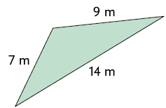 Ilustração de um triângulo com medidas dos lados iguais a 7 metros, 14 metros e 9 metros.