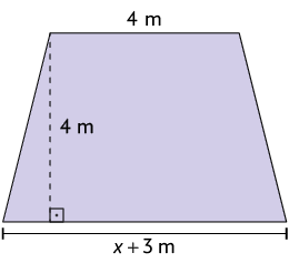 Ilustração de um trapézio com as medidas: base menor, 4 metros; base maior, x mais 3 metros; altura, 4 metros. A medida da altura está destacada por uma linha pontilhada, formando um ângulo reto com a base maior do trapézio.