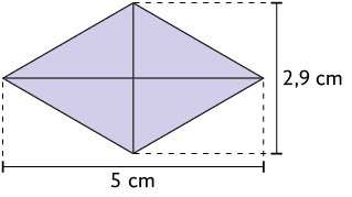 Ilustração de um losango com as duas diagonais traçadas formando ângulos retos na intersecção entre elas. A medida de comprimento da diagonal maior é 5 centímetros, e da diagonal menor é 2,9 centímetros.