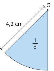 Ilustração de um oitavo de volta de um círculo de centro O e raio 4,2 centímetros. Dentro da figura está indicado a fração um oitavo.