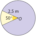 Ilustração de um círculo de centro O, com raio medindo 2,5 metros. Há um setor circular destacado em amarelo, com um ângulo central de medida 50 graus.