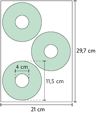 Ilustração de um retângulo de base medindo 21 centímetros e altura medindo 29,7 centímetros. Dentro desse retângulo, há três coroas circulares iguais com medida do diâmetro do círculo interno igual a 4 centímetros e medida do diâmetro do círculo externo igual a 11,5 centímetros.