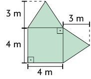Ilustração de um quadrado e dois triângulos isósceles. O quadrado tem o lado medindo 4 metros. Acima e ao lado do quadrado estão os triângulos com base igual à do lado do quadrado e altura 3 metros. 