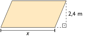 Ilustração de um paralelogramo com medida de comprimento da base: x e altura: 2 vírgula 4 metros. 
