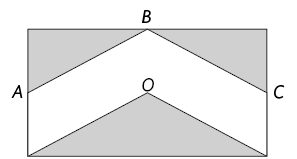 Ilustração de um retângulo com a indicação do ponto O, bem ao centro, os pontos A e C estão no meio de cada de dois lados paralelos do retângulo, A está à esquerda e C à direita; e o ponto B, está no meio do comprimento (na parte superior do retângulo). Há 3 triângulos dentro do retângulo que formam a parte sombreada da figura. Dois deles são triângulos retângulos, com vértice: A, vértice do retângulo, e B; o outro com vértice C, vértice do retângulo, e B. O outro triângulo é maior: seus vértices coincidem com os vértices bases do retângulo e o ponto O.