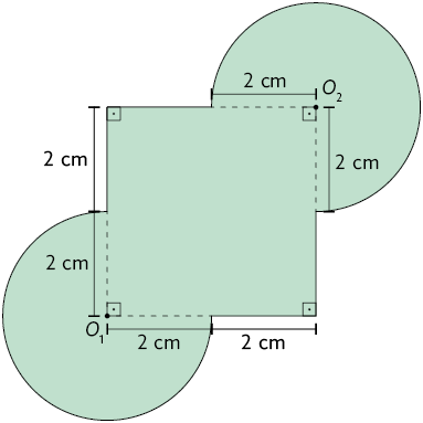 Ilustração de uma figura composta por um quadrado com lado medindo 4 centímetros. E duas representações de 3 quartos de círculos de centros O1 e O2, com raio medindo 2 centímetros que coincidem com o vértice do quadrado. Toda a figura está colorida em verde.