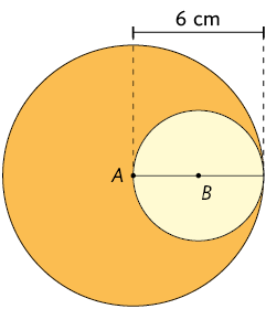 Ilustração de dois círculos: um dentro do outro. O maior, em cor laranja, com centro A e raio medindo 6 centímetros. E um menor, em cor amarela, com exatamente a mesma medida do raio do círculo maior, com centro B.