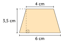 Ilustração de um trapézio com as medidas: base menor, 4 centímetros; base maior, 6 centímetros; altura, 3,5 centímetros. A medida da altura está destacada por uma linha pontilhada, formando um ângulo reto com a base maior do trapézio.