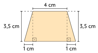 Ilustração de um trapézio com as medidas: base menor, 4 centímetros; base maior, 6 centímetros; altura, 3,5 centímetros. A medida da altura está destacada, em ambos os lados do trapézio,por uma linha pontilhada, formando um ângulo reto com a base maior do trapézio e formando dois triângulos em cada lado.