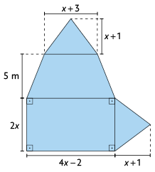Ilustração de uma figura geométrica composta por um retângulo de lados 2 x e 4 x menos 2, um triângulo de base 2 x e altura x mais 1, posicionado na lateral do retângulo, um trapézio de base maior 4 x menos 2, base menor x mais 3 e altura 5 metros, posicionado acima do retângulo, e outro triângulo de base x mais 3 e altura x mais 1, posicionado acima do trapézio.