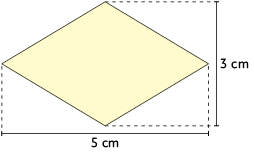 Ilustração de um losango com a medidas de comprimento: diagonal maior: 5 centímetros; diagonal menor: 3 centímetros.