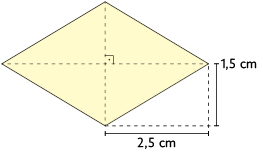 Ilustração de um losango com a medidas de comprimento: metade da diagonal maior: 2,5 centímetros; metade da diagonal menor: 1,5 centímetros. As diagonais estão traçadas por uma linha pontilhada e na interseção delas há indicação de ângulo reto.