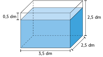 Ilustração de um recipiente em formato de paralelepípedo reto retângulo com água. O recipiente possui as dimensões: 2,5 decímetros de largura, 3,5 decímetros de comprimento e 2,5 decímetros de altura. Está demarcado que a distância entre o topo da água e o topo do recipiente é de 0,5 decímetros.