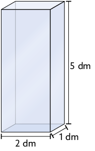 Ilustração de um recipiente em formato de paralelepípedo reto retângulo, com as dimensões: 1 decímetro de largura, 2 decímetros de comprimento e 5 decímetros de altura.
