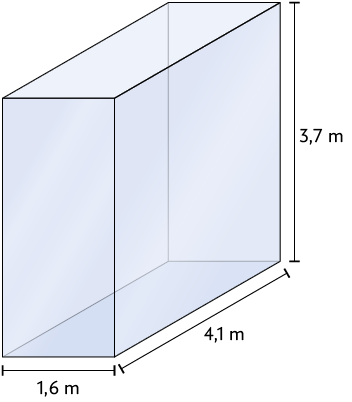 Ilustração de um recipiente em formato de paralelepípedo reto retângulo, com as dimensões: 1,6 metros de largura, 4,1 metros de comprimento e 3,7 metros de altura.