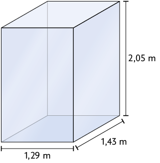 Ilustração de um recipiente em formato de paralelepípedo reto retângulo, com as dimensões: 1,29 metros de largura, 1,43 metros de comprimento e 2 vírgula 0 5 metros de altura.