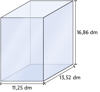 Ilustração de um recipiente em formato de paralelepípedo reto retângulo, com as dimensões: 11,25 decímetros de largura, 13,52 decímetros de comprimento e 16,86 decímetros de altura.
