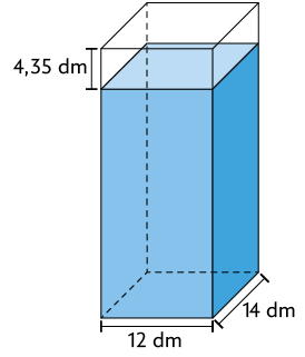 Ilustração de um recipiente em formato de paralelepípedo reto retângulo com água. O recipiente possui as dimensões: 12 decímetros de largura, 14 decímetros de comprimento. Está demarcado que a distância entre o topo da água e o topo do recipiente é de 4,35 decímetros
