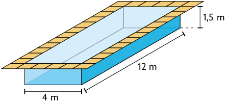 Ilustração de uma piscina em formato de paralelepípedo reto retângulo, com as dimensões: 4 metros de largura, 12 metros de comprimento e 1,5 metros de altura.