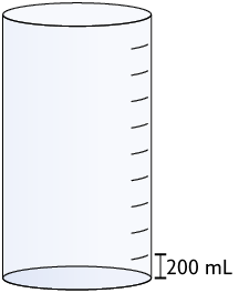 Ilustração de um recipiente cilíndrico graduado com 10 graduações indicadas por traços. Há a demarcação que o espaço de cada graduação é composto de 200 m l.
