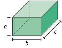 Ilustração de um paralelepípedo reto retângulo, com as dimensões: b de largura, c de comprimento e a de altura.
