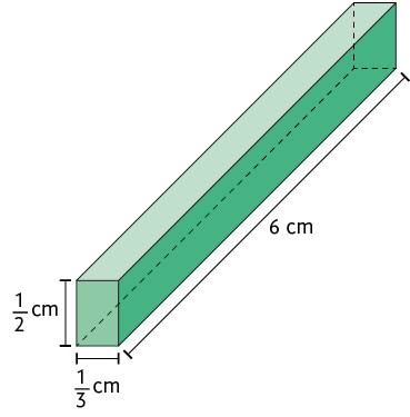 Ilustração de um paralelepípedo reto retângulo, com as dimensões: início de fração, numerador:1, denominador:3, fim de fração, centímetros de largura, 6 centímetros de comprimento e início de fração, numerador:1, denominador: 2, fim de fração, centímetros de altura.