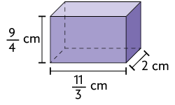 Ilustração de um paralelepípedo reto retângulo, com as dimensões: 2 centímetros de largura, início de fração, numerador: 11, denominador:3, fim de fração, centímetros de comprimento e início de fração, numerador: 9, denominador: 4, fim de fração, centímetros de altura.