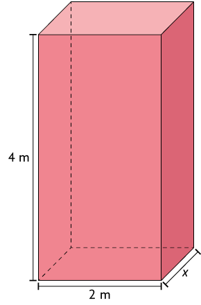 Ilustração de um paralelepípedo reto retângulo, com as dimensões: x de largura, 2 metros de comprimento e 4 metros de altura.