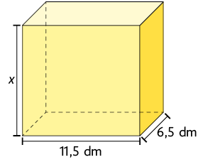 Ilustração de um paralelepípedo reto retângulo, com as dimensões: 6,5 decímetros de largura, 11,5 decímetros de comprimento e x de altura.