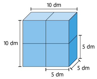 Ilustração de um paralelepípedo reto retângulo composto por 4 cubos. O paralelepípedo possui as dimensões: 10 decímetros de comprimento, 10 decímetros de altura e a largura é igual a medida de comprimento da aresta do cubo, 5 decímetros. 