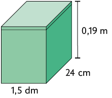 Ilustração de uma caixa em formato de paralelepípedo reto retângulo, com as dimensões: 1,5 decímetros de largura, 24 centímetros de comprimento e 0,19 metros de altura.