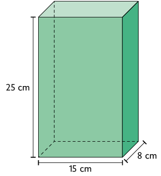 Ilustração de um paralelepípedo reto retângulo, com as dimensões: 8 centímetros de largura, 15 centímetros de comprimento e 25 centímetros de altura.