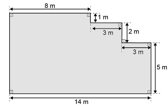 Ilustração de um polígono formado por três retângulos. O primeiro possui 8 metros de comprimento e 8 metros de largura, o segundo possui 7 metros de comprimento e 3 metros de largura e o outro possui 5 metros de comprimento e 3 metros de largura.
