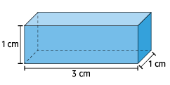 Ilustração de um paralelepípedo de 3 centímetros de comprimento, 1 centímetros de largura e 1 centímetro de altura