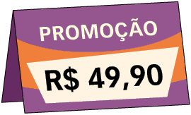Ilustração de uma placa de promoção. Texto: 'Promoção 49 reais e 90 centavos.'.