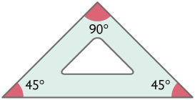 Ilustração de um esquadro, com seus ângulos internos medindo 45 graus, 90 graus e 45 graus.