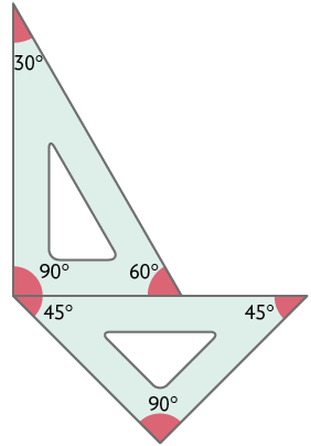 Ilustração de dois esquadros, um acima do outro. O de cima, com seus ângulos internos medindo 30 graus, 90 graus e 60 graus; o debaixo com seus ângulos internos medindo 45 graus, 90 graus e 45 graus. Eles estão encostados de maneira que o esquadro de cima, esteja alinhado no ângulo de 90 graus com o ângulo de 45 graus do esquadro debaixo. 