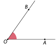 Ilustração de um ângulo entre duas semirretas de mesma origem O, uma possui o ponto A e outra possui o ponto B. O ângulo tem medida 55 graus.