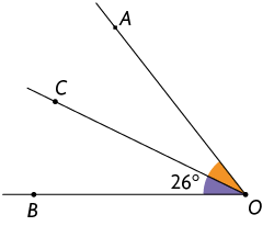 Ilustração de duas semirretas partindo do ponto O, uma passando pelo ponto B e a outra pelo ponto A, entre estas duas semirretas, há outra partindo da mesma origem O, passando pelo ponto C. O ângulo B O C mede 26 graus.