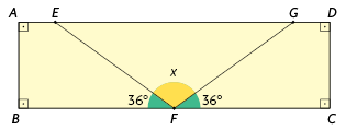 Ilustração de um retângulo de vértices A B C D, com os pontos E e G no lado entre os vértices A D, com E mais próximo de A e G mais próximo de D. Há também o ponto F no lado entre os vértices B e C. Há um segmento de reta do ponto E ao F e outro segmento do ponto F ao G, demarcando o ângulo B F E, que mede 36 graus, o ângulo E F G, que mede x e o ângulo C F G, que mede 36 graus. 